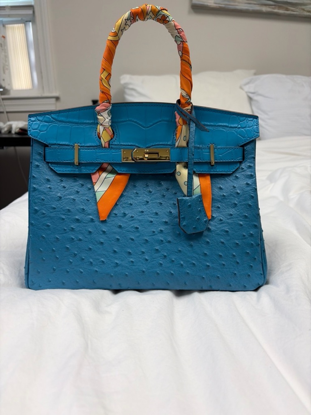 Luxury Turquoise Ostrich Leather Satchel with Orange Scarf Accent